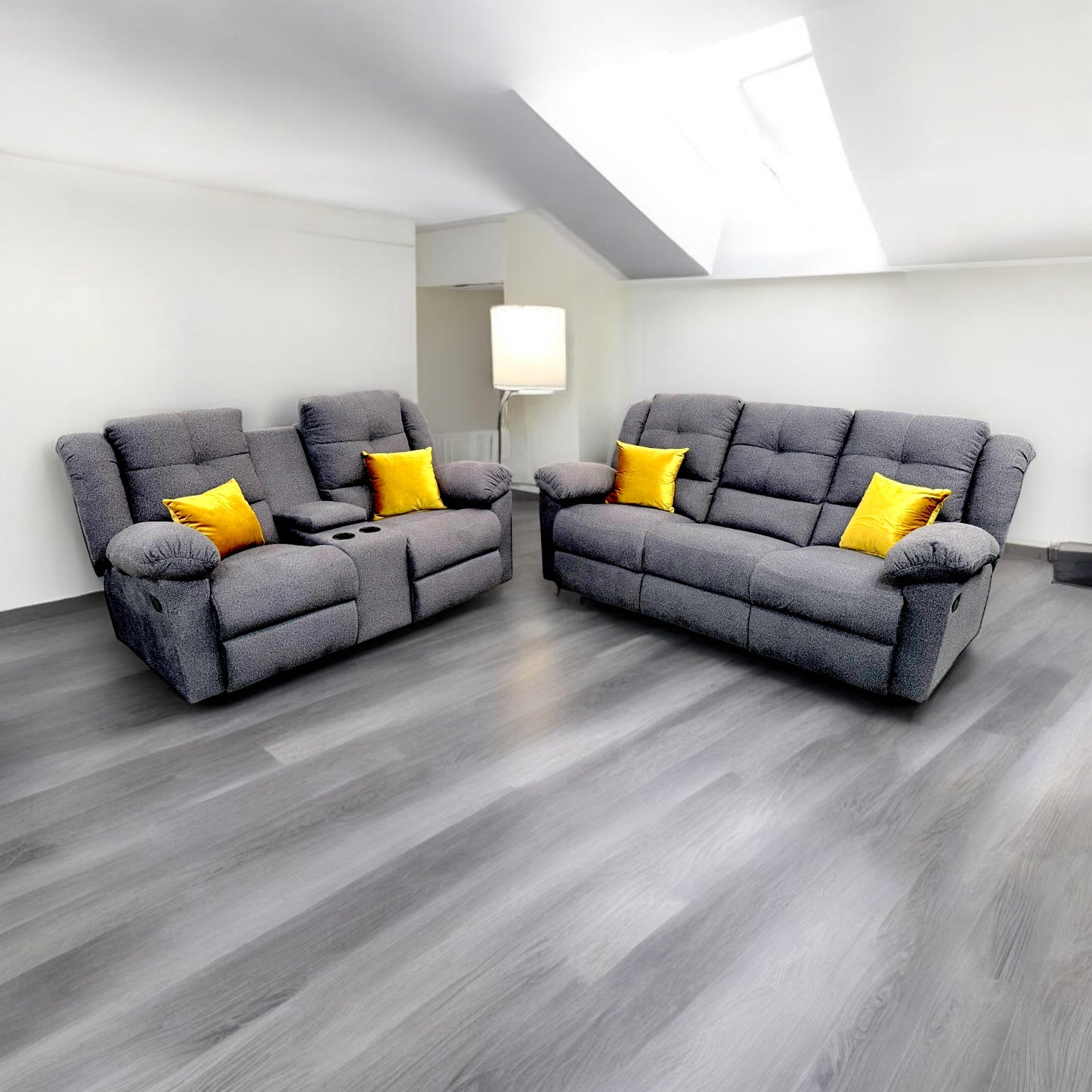 SALA AMÉRICA CON SOFÁ Y LOVESEAT CON 4 RECLINABLES Y CONSOLA CON PORTA VASOS