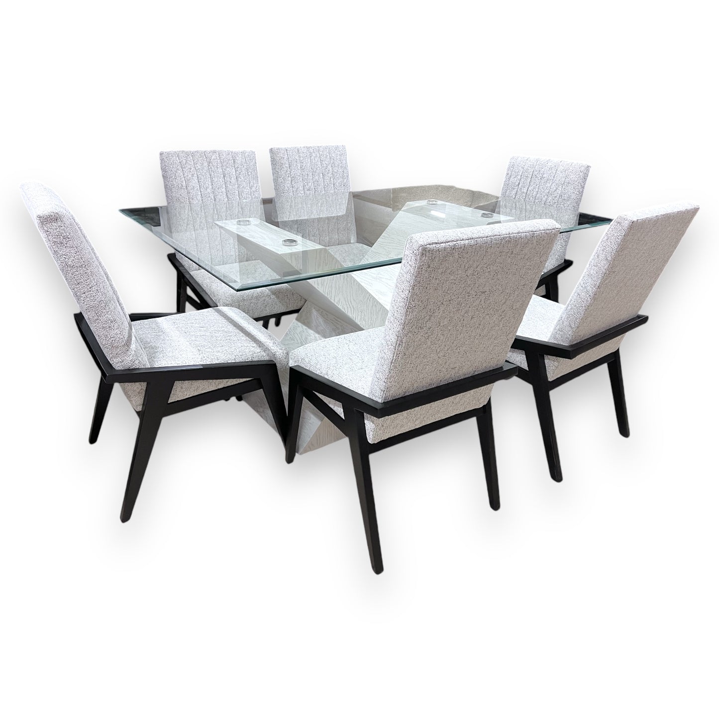 COMEDOR LOGAN CON MESA DE VIDRIO BISELADO Y 6 SILLAS ALBERTA GAJOS